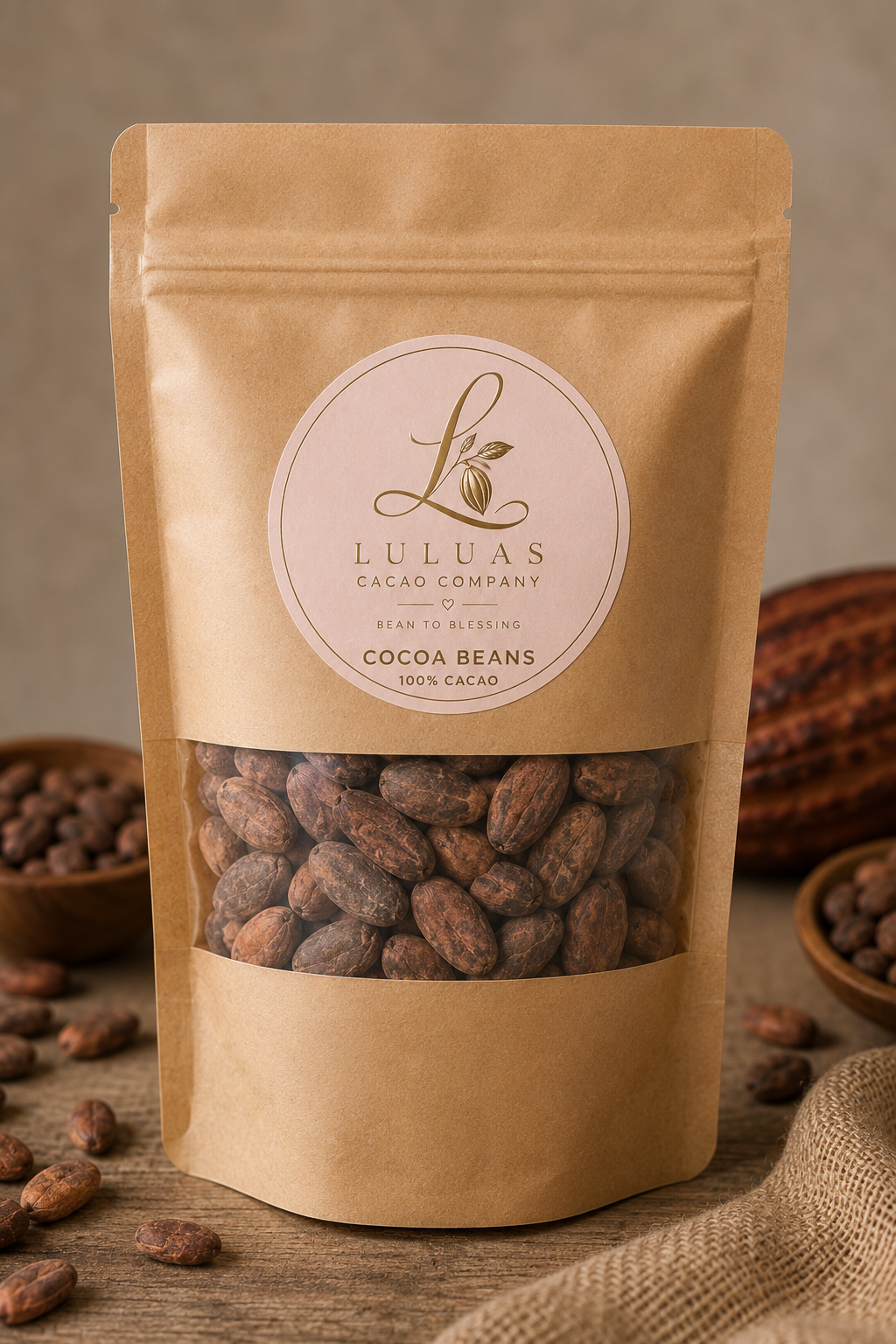 Luluas Cacao Company premium cocoa beans package with clear window showing whole cocoa beans