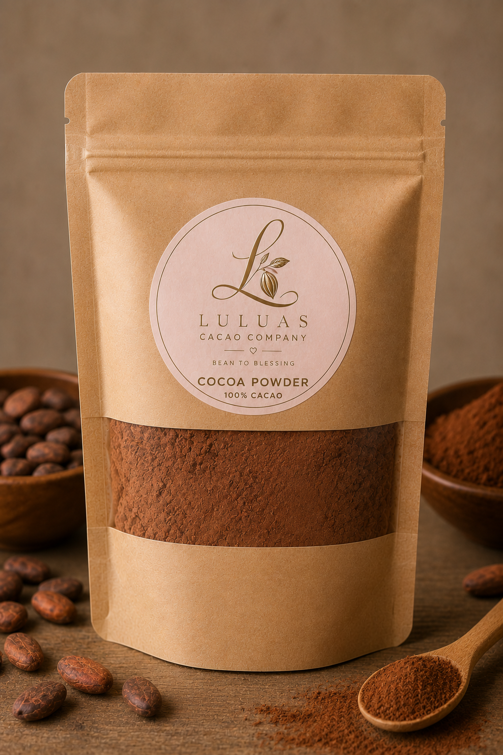 Luluas Cacao Company pure food-grade cocoa powder package with clear window showing cocoa powder