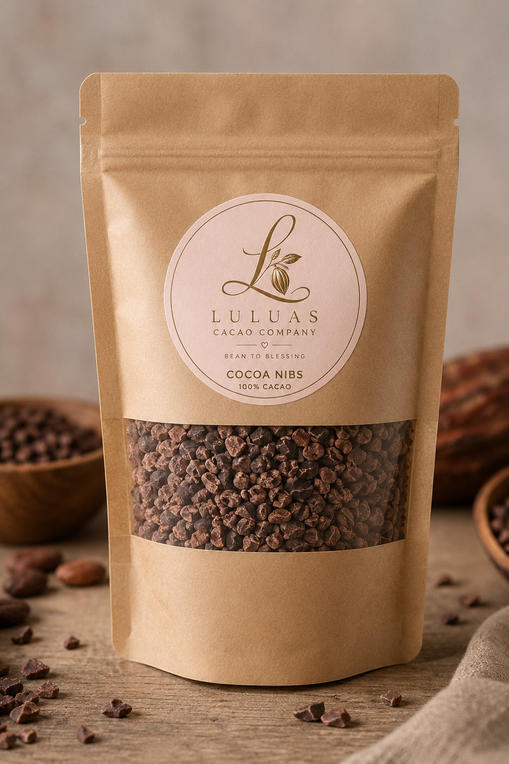 Luluas Cacao Company roasted cocoa nibs package with clear window showing crunchy cocoa nibs