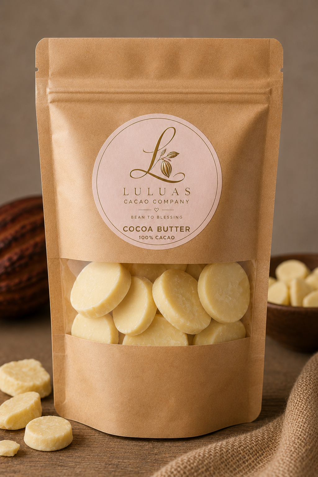 Luluas Cacao Company pure food-grade cocoa butter package with round white cocoa butter buttons